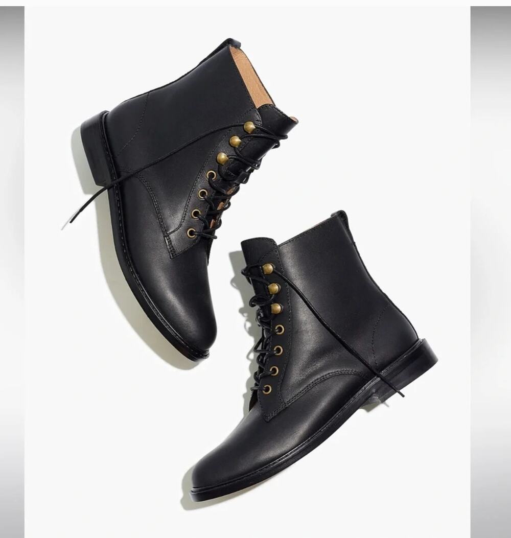 Madewell Kellie Lace Up Boots 7 NA974 Black Leather Combat 90s Y2K Grunge Goth